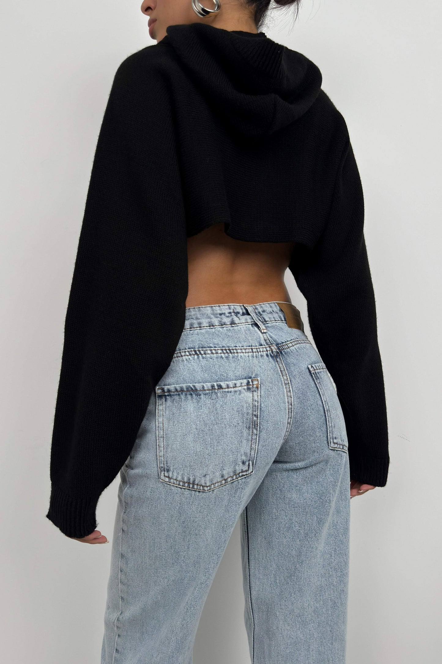 Black Crop Sweater with Hood 