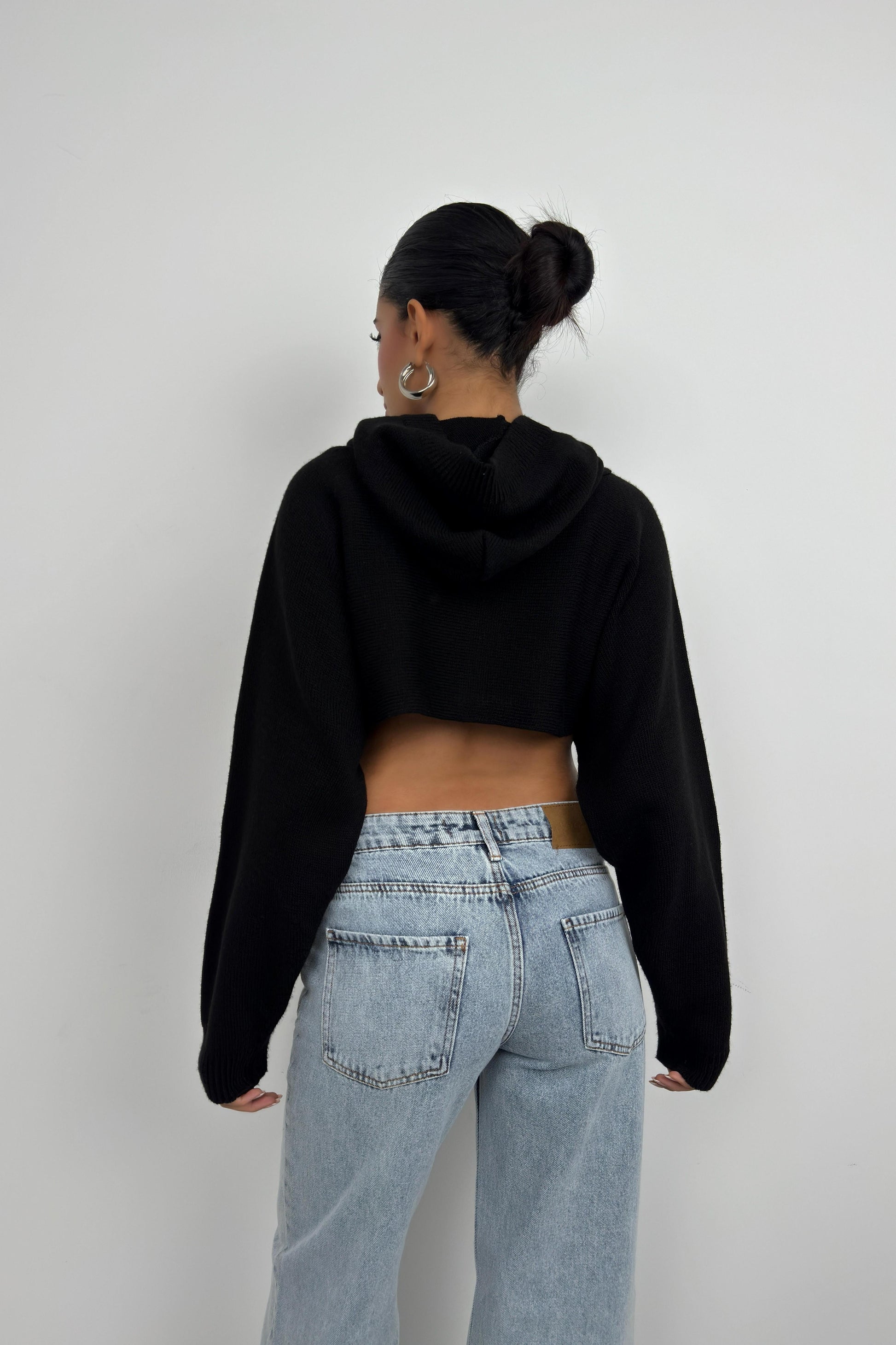 Black Crop Sweater with Hood 