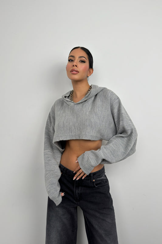 Hooded Gray Crop Sweater 