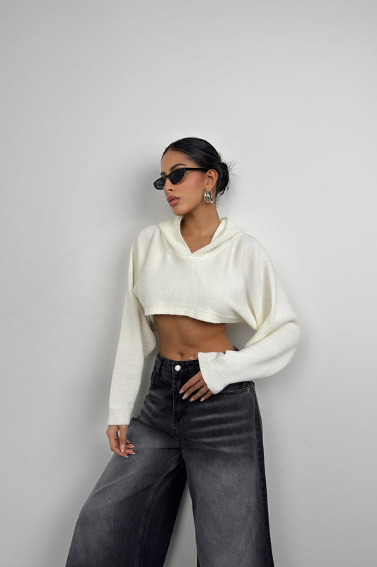 Hooded Ecru Crop Sweater 