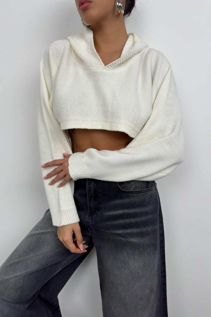 Hooded Ecru Crop Sweater 