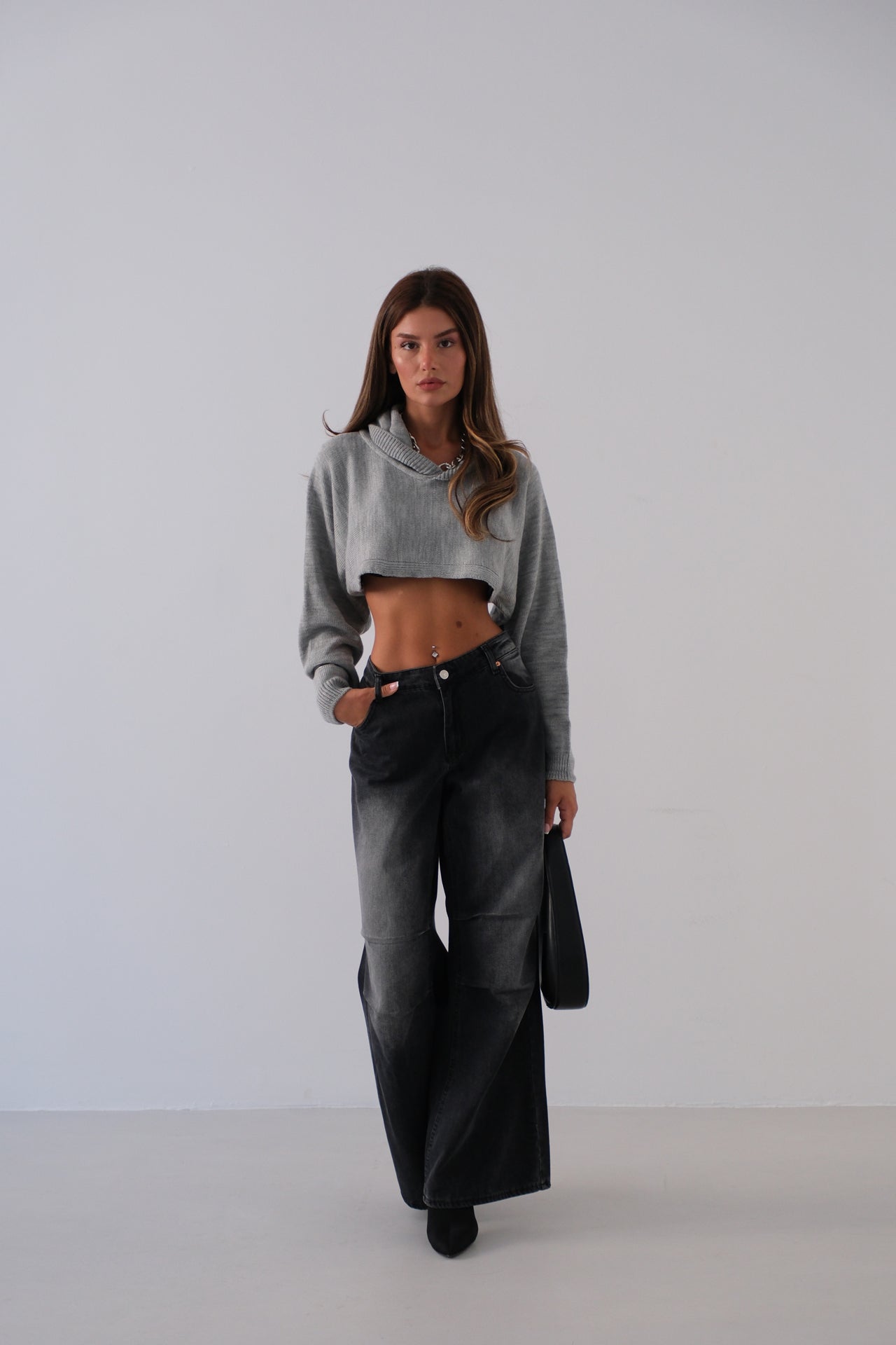 Hooded Gray Crop Sweater 