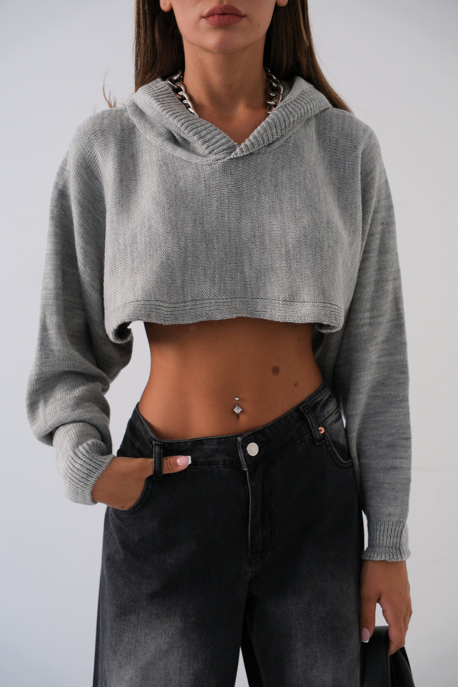 Hooded Gray Crop Sweater 