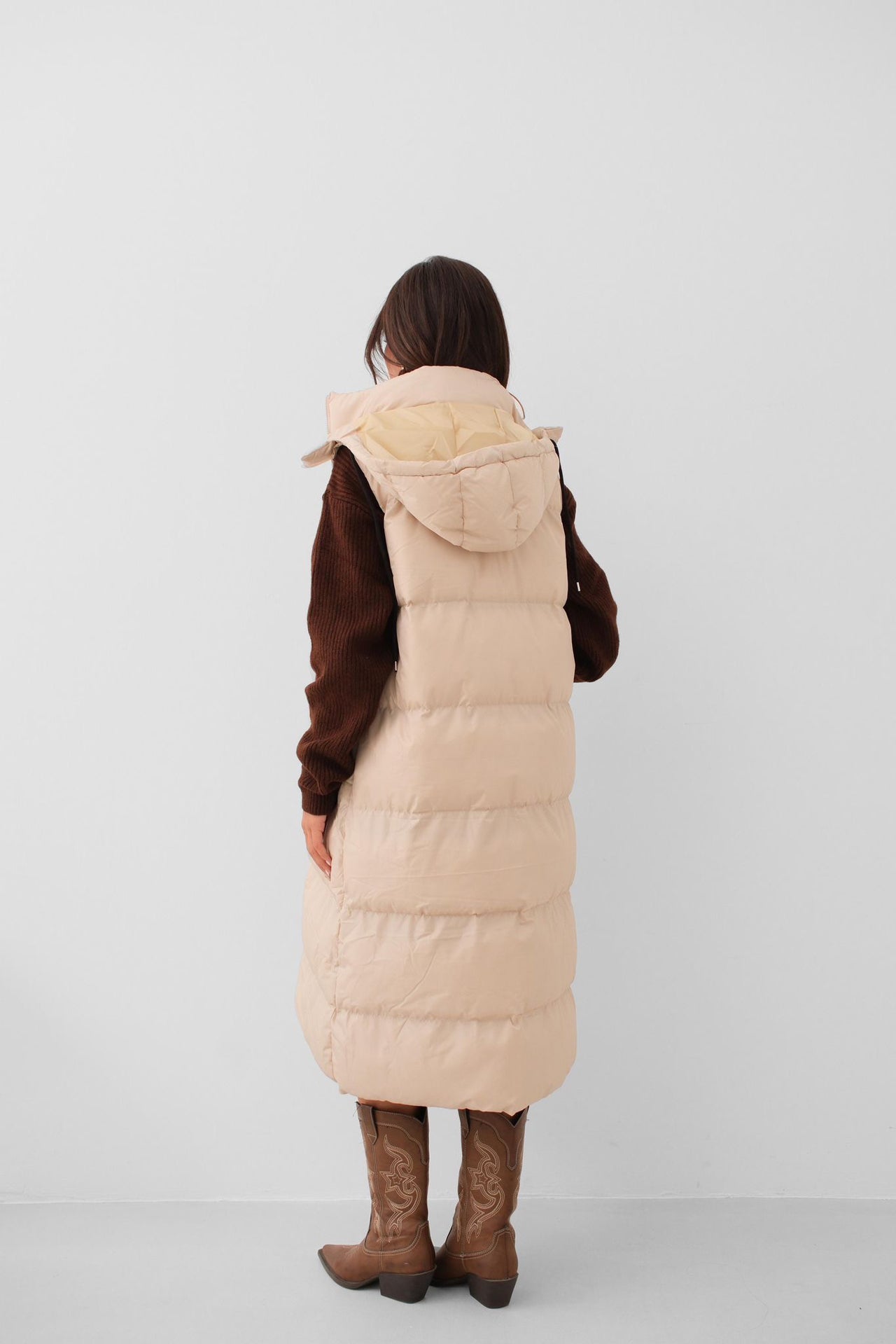 Hooded Puffer Beige Maxi Vest 