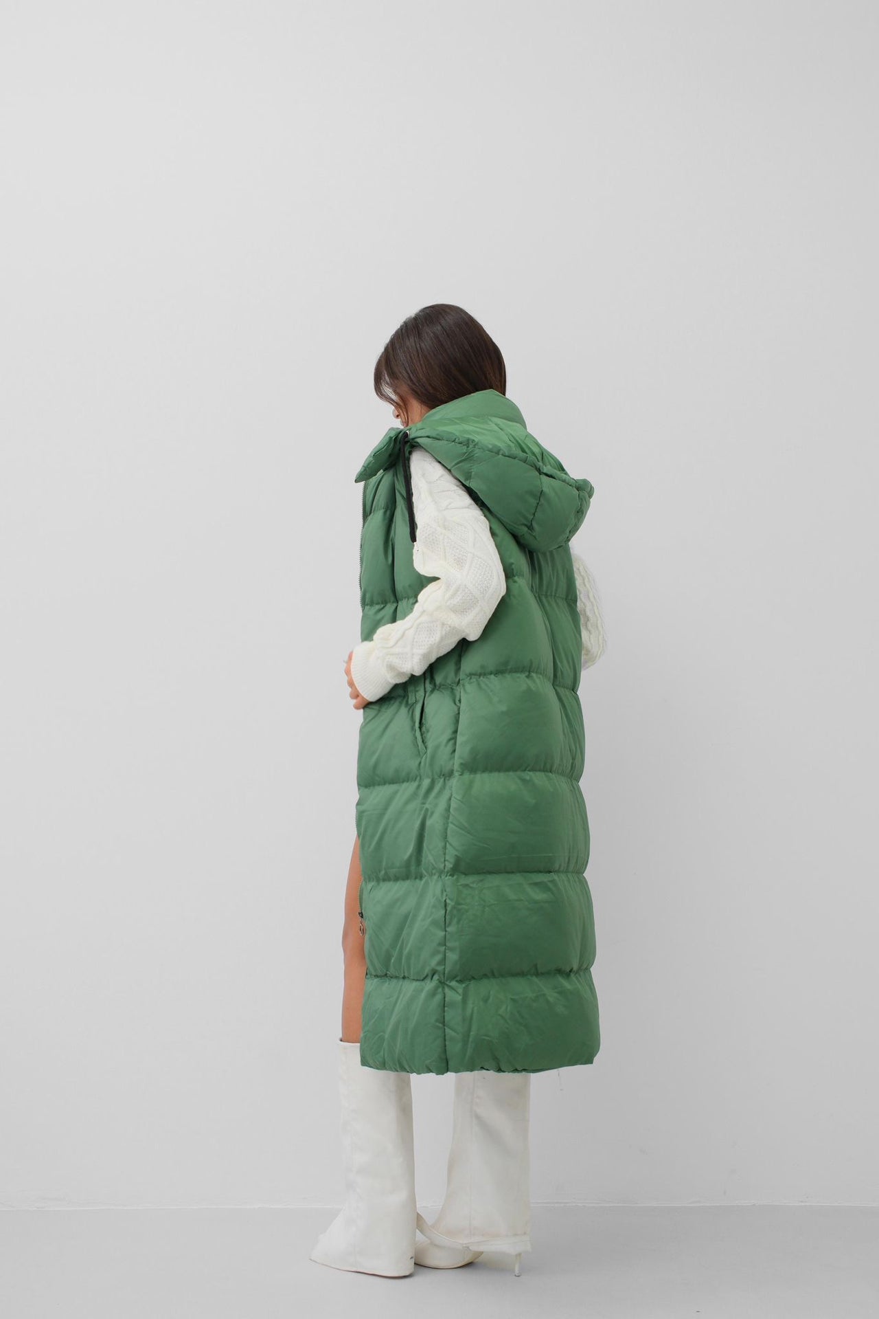 Hooded Puffer Khaki Maxi Vest 