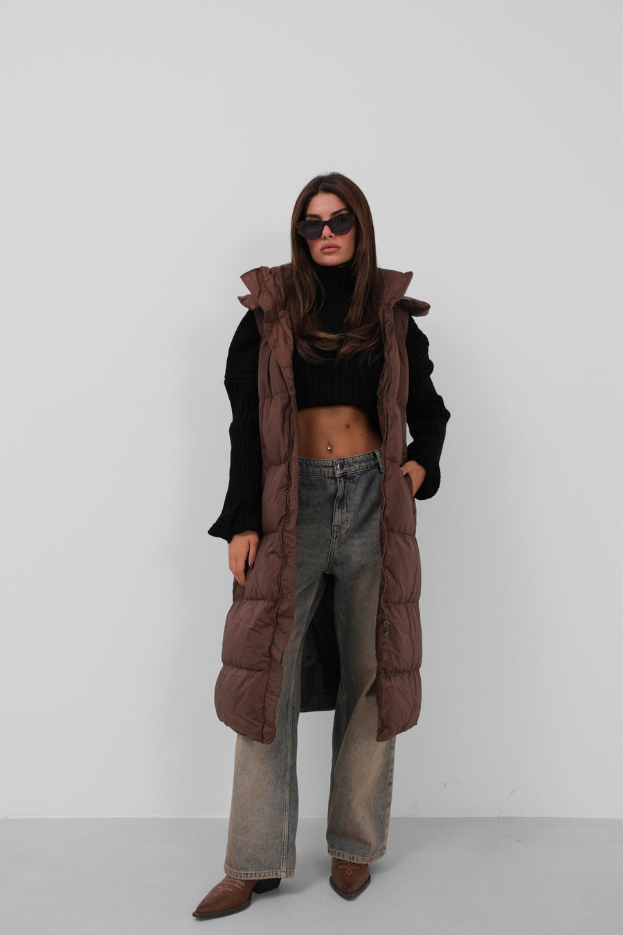 Hooded Puffer Brown Maxi Vest 