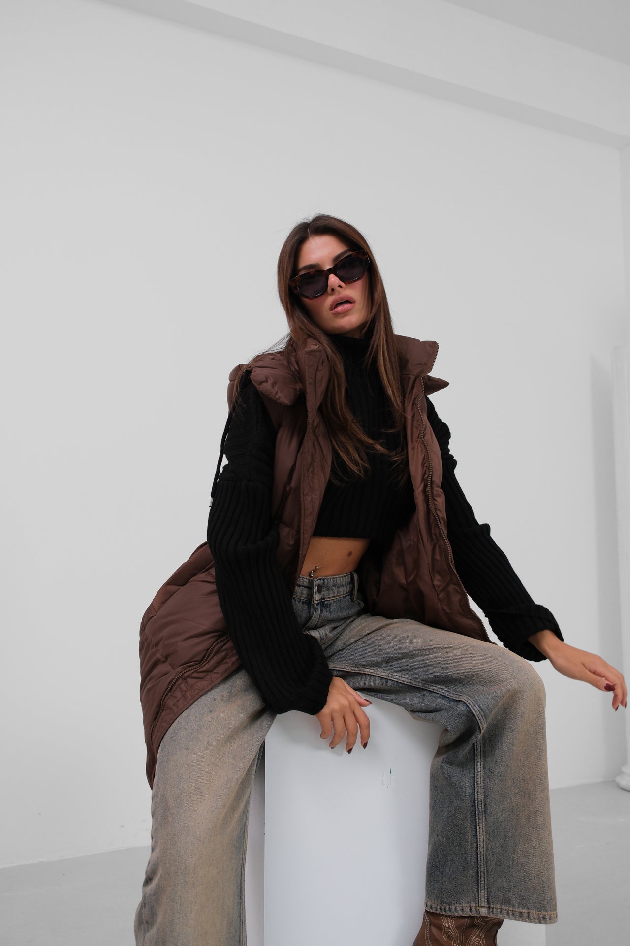 Hooded Puffer Brown Maxi Vest 