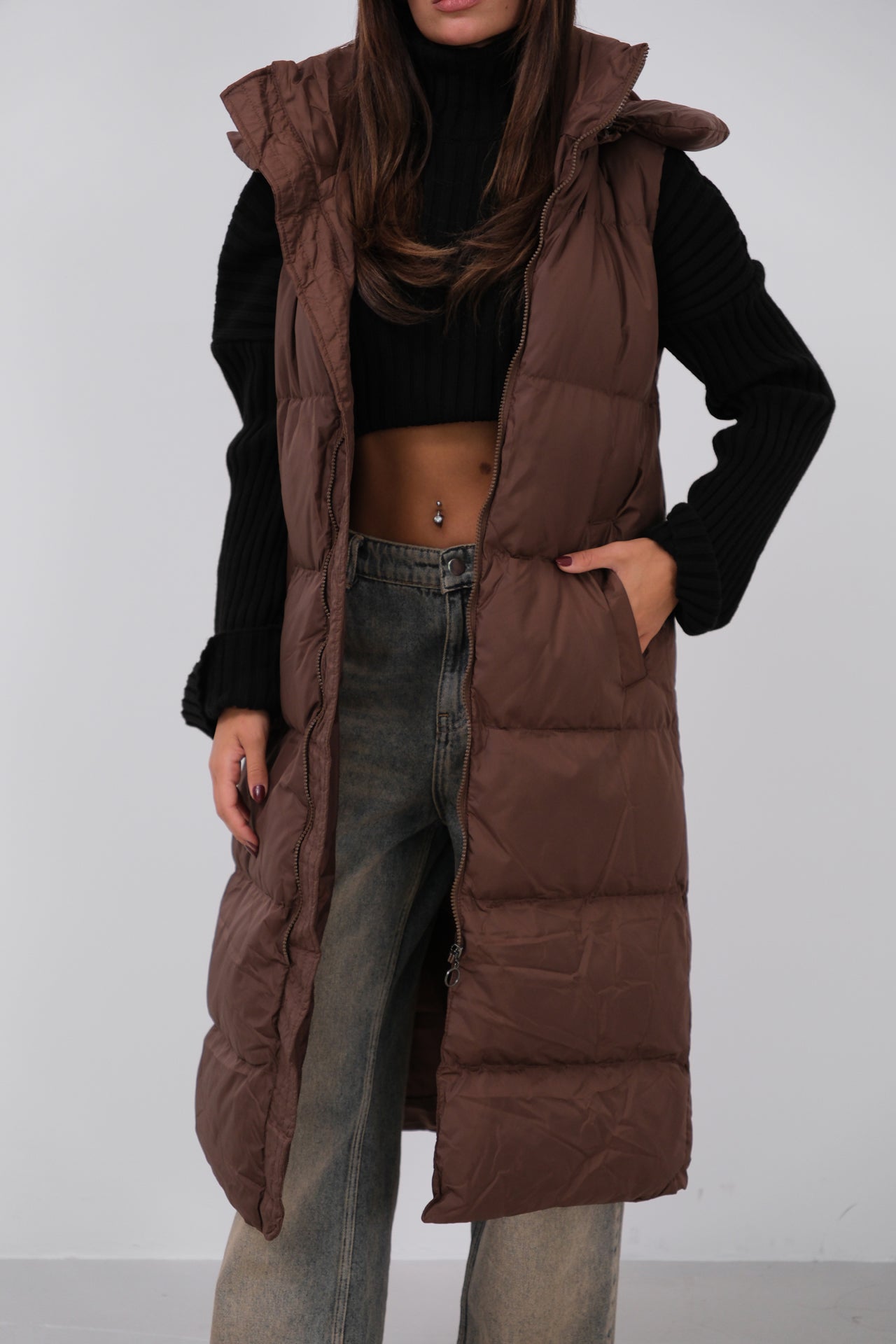 Hooded Puffer Brown Maxi Vest 