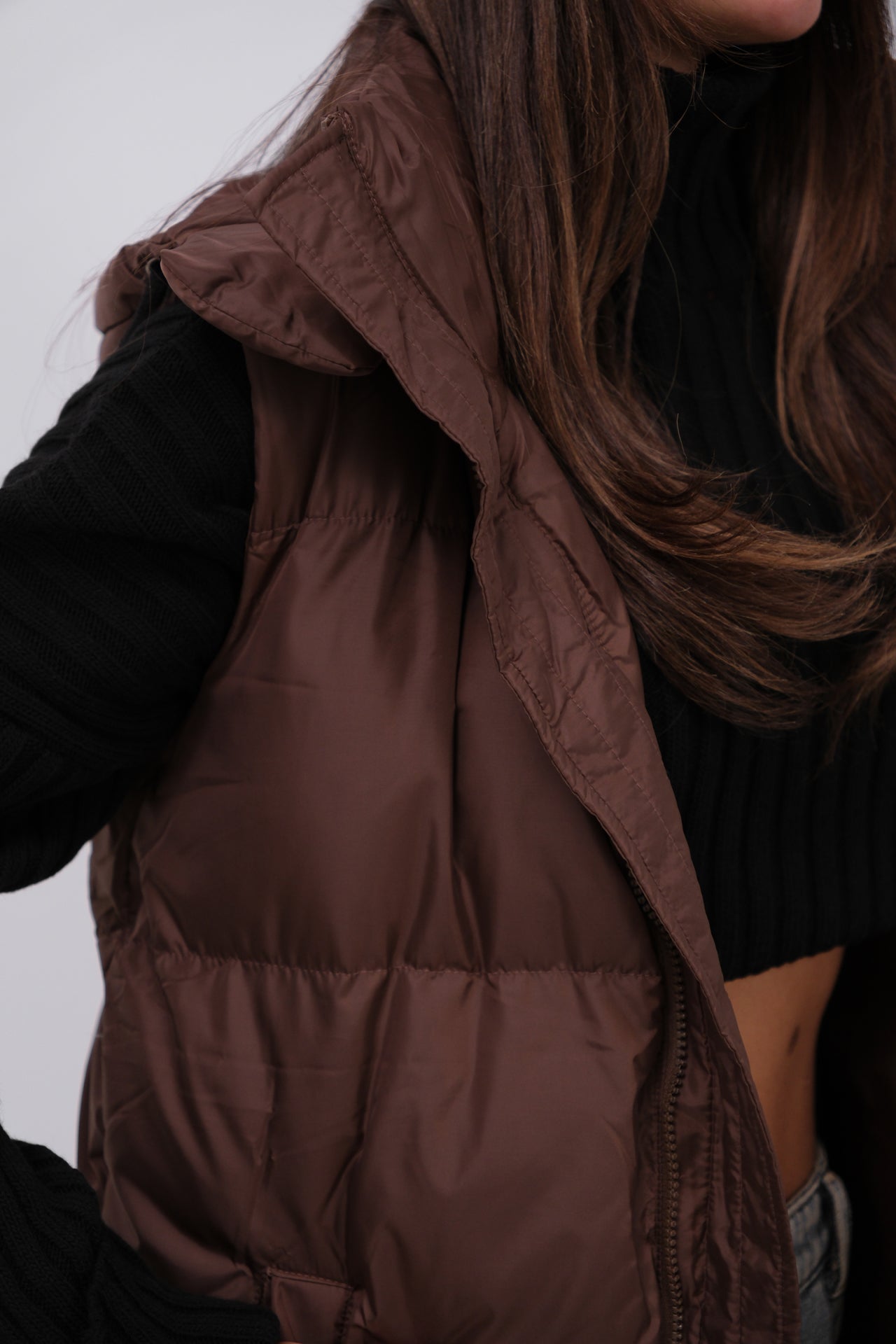 Hooded Puffer Brown Maxi Vest 