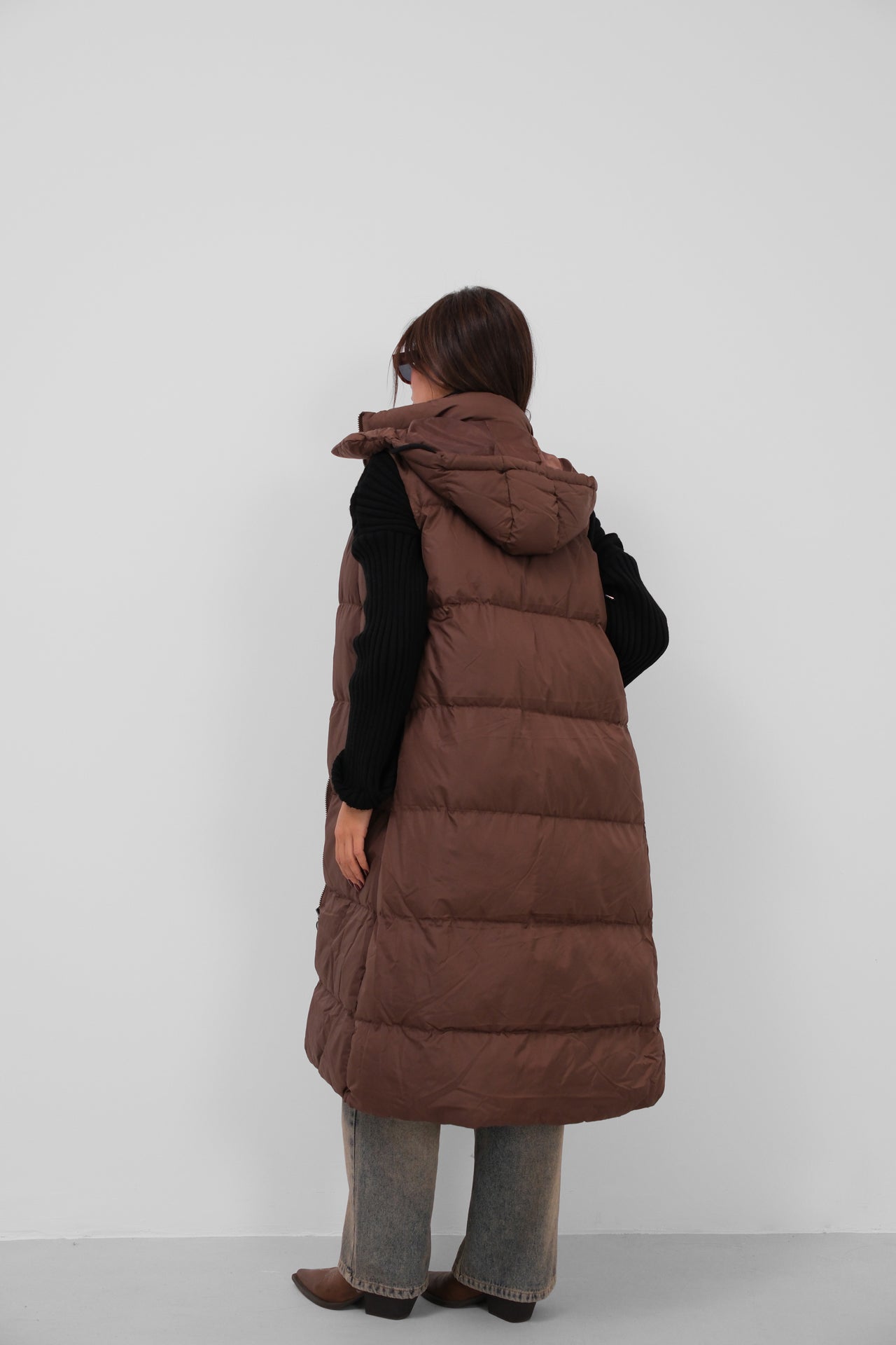 Hooded Puffer Brown Maxi Vest 