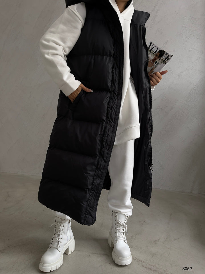 Hooded Puffer Black Maxi Vest