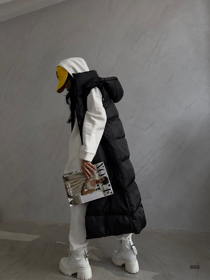 Hooded Puffer Black Maxi Vest