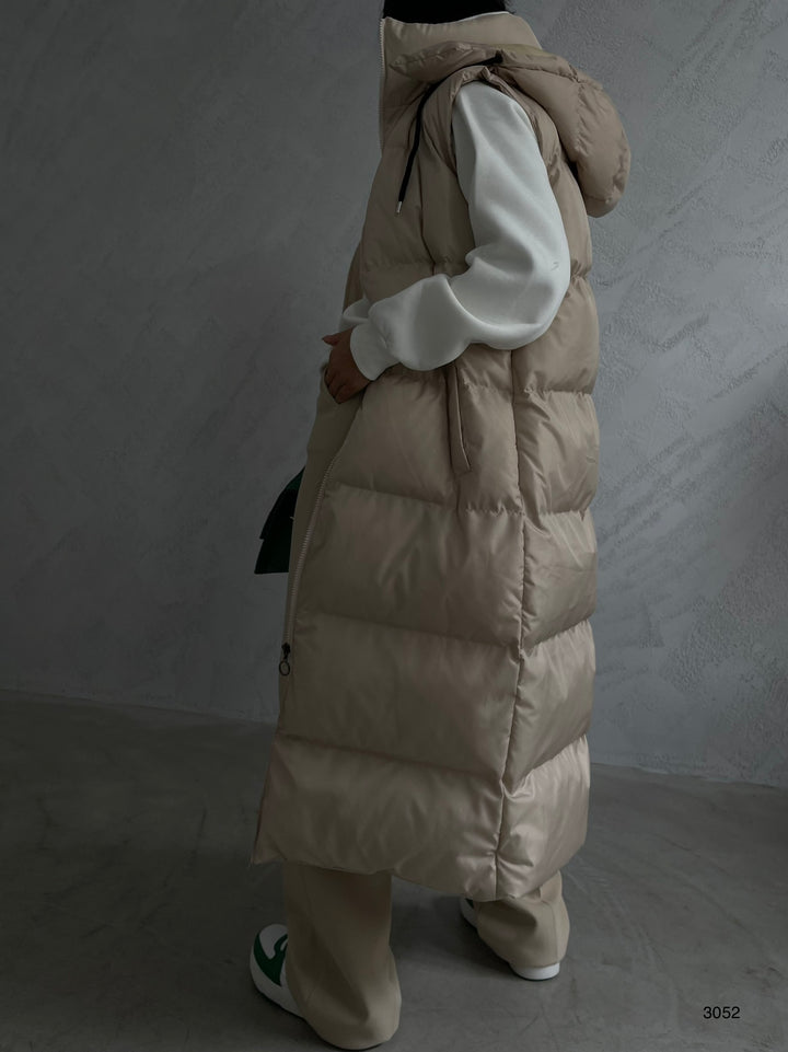 Hooded Puffer Beige Maxi Vest
