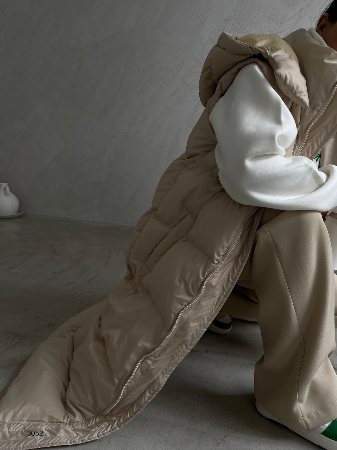 Hooded Puffer Beige Maxi Vest