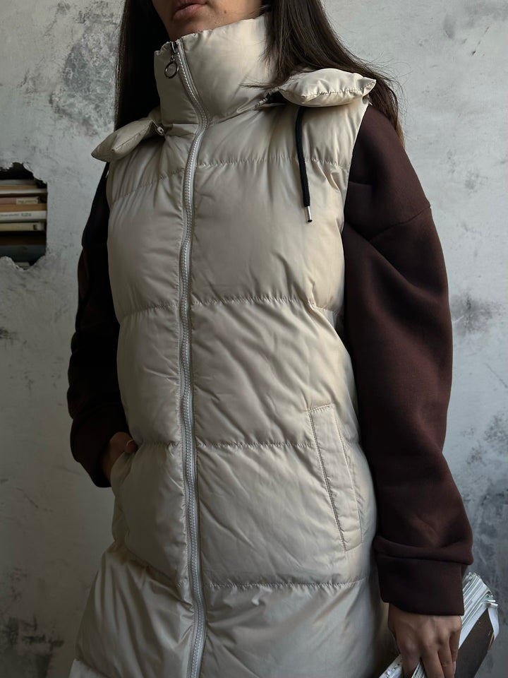 Hooded Puffer Beige Maxi Vest