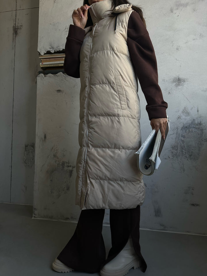 Hooded Puffer Beige Maxi Vest