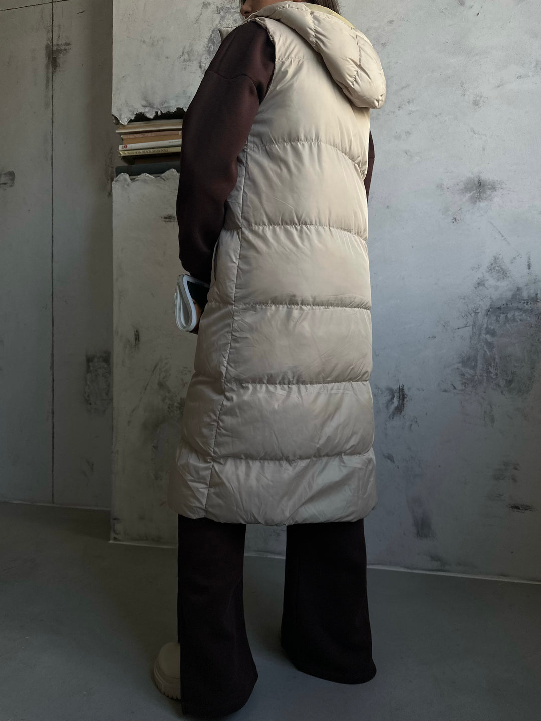 Hooded Puffer Beige Maxi Vest