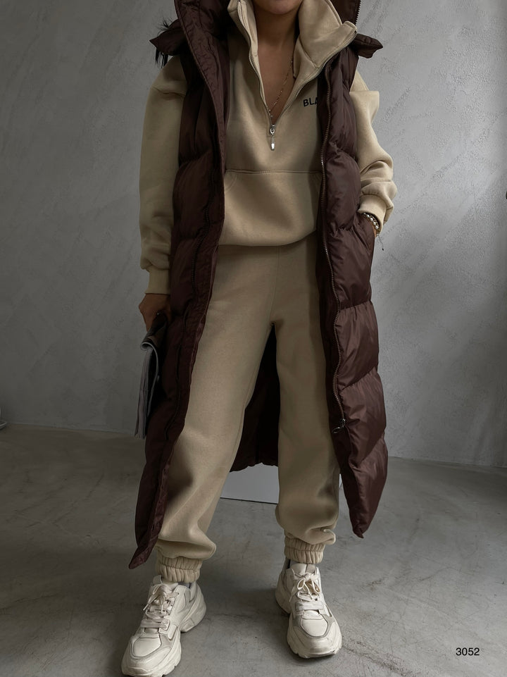 Hooded Puffer Brown Maxi Vest