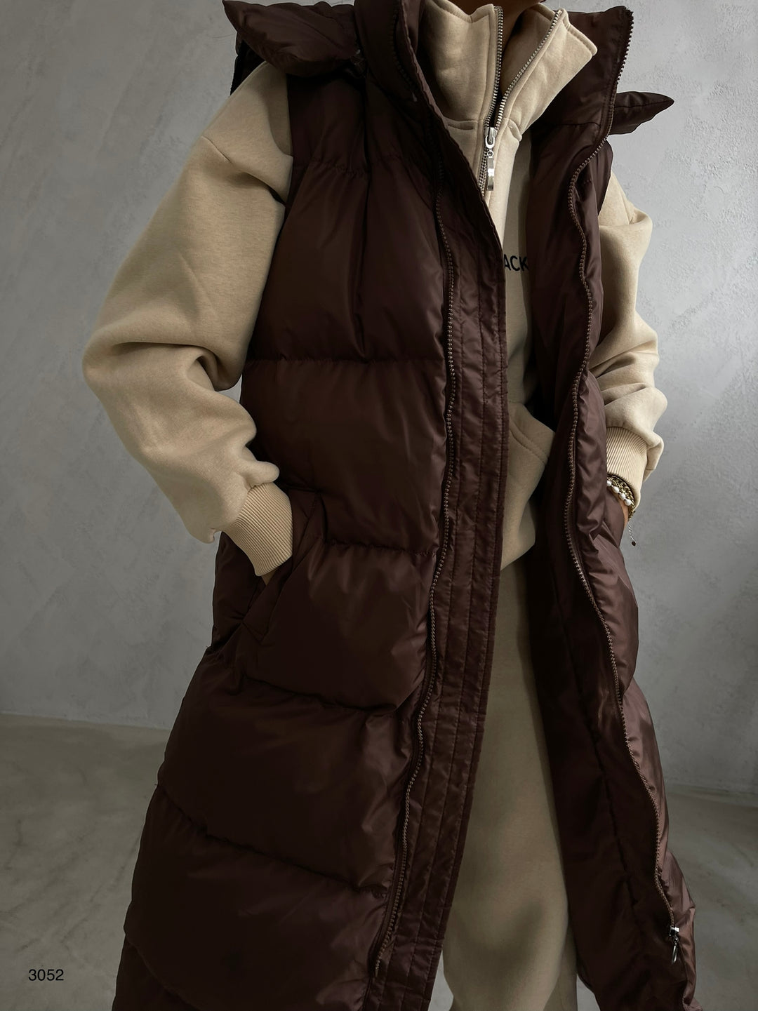 Hooded Puffer Brown Maxi Vest