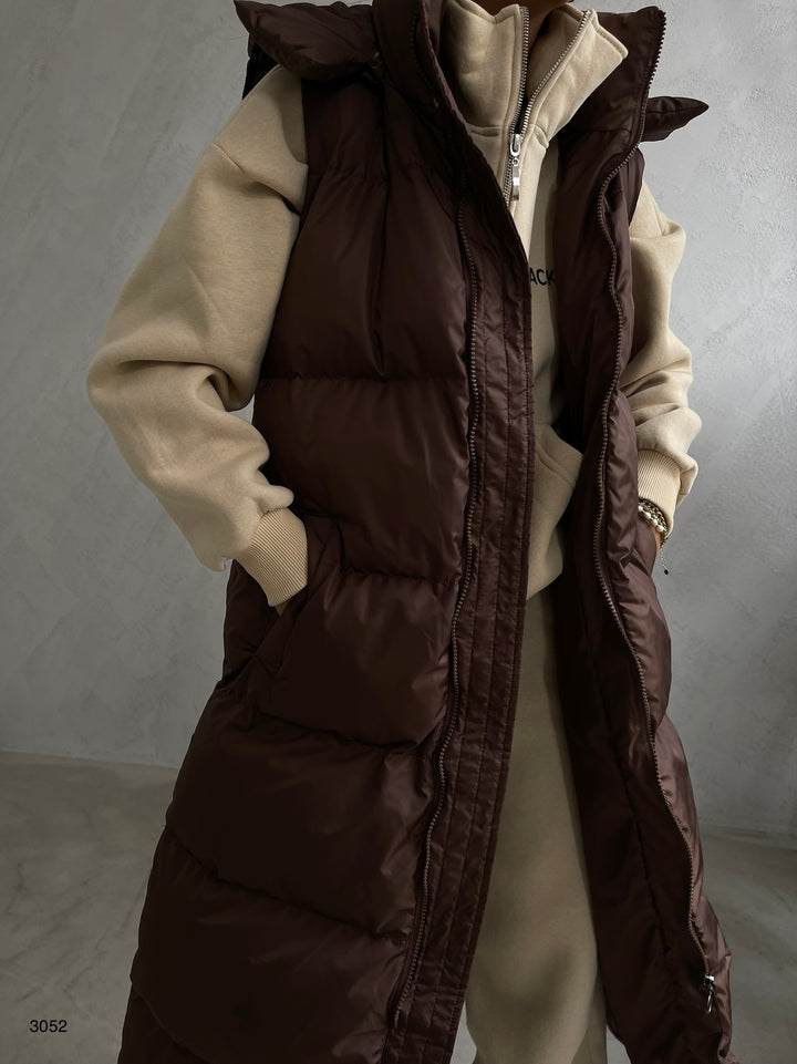 Hooded Puffer Brown Maxi Vest