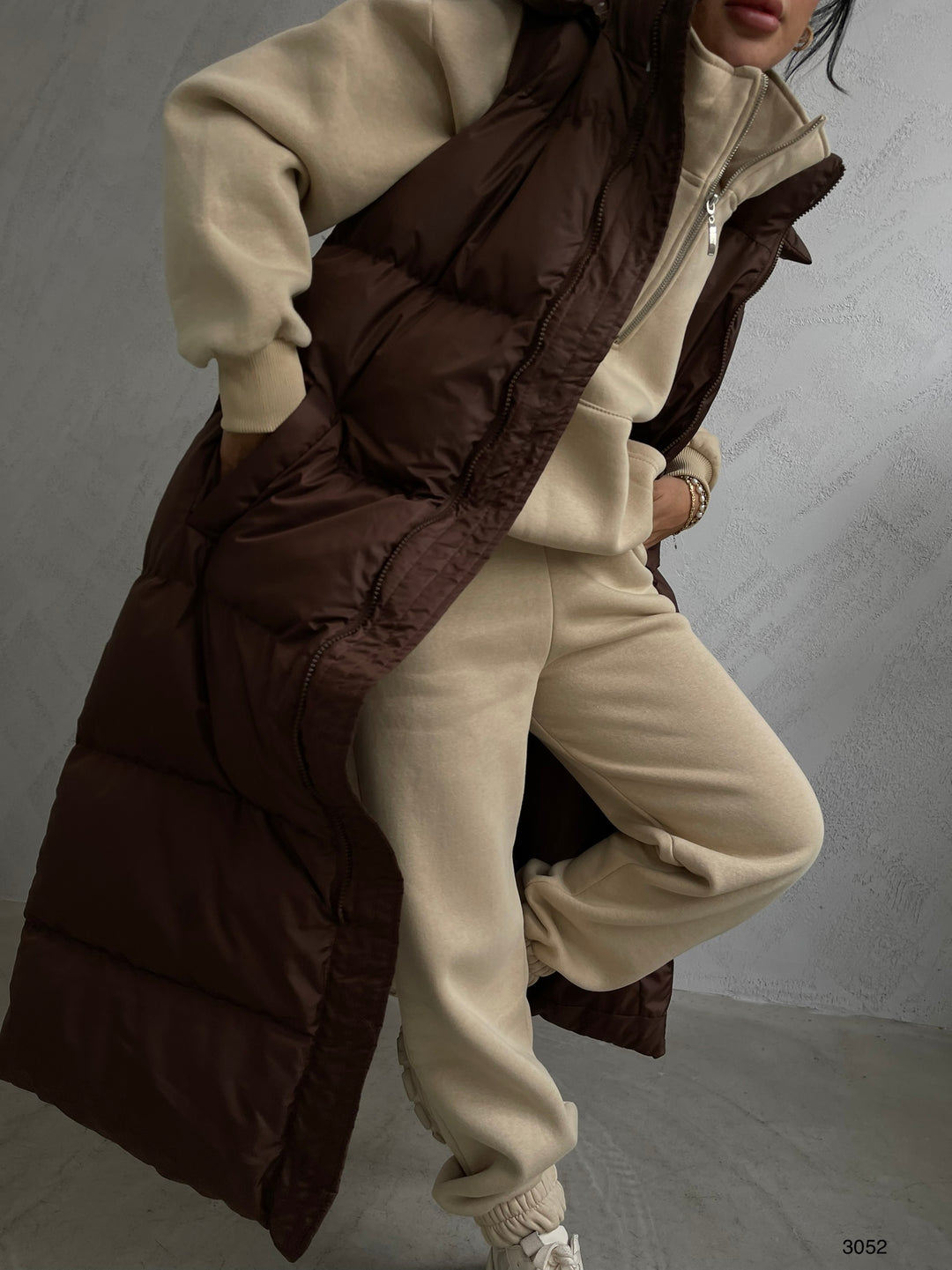 Hooded Puffer Brown Maxi Vest