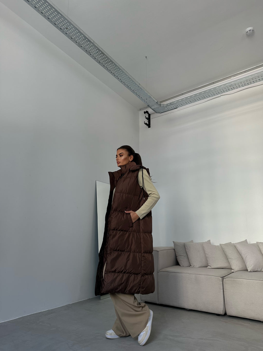 Hooded Puffer Brown Maxi Vest