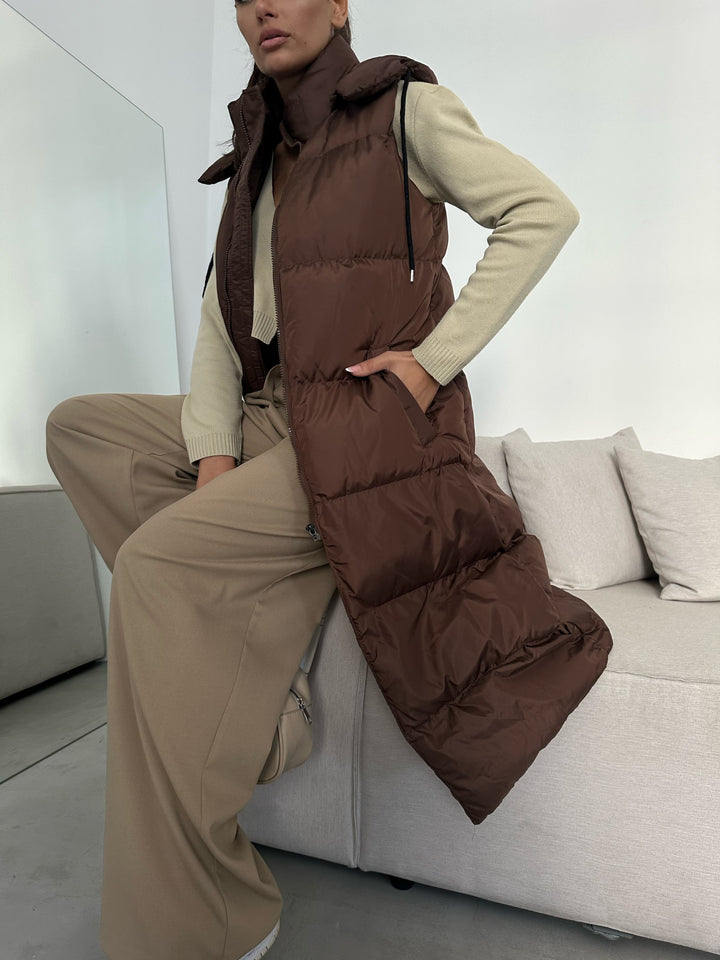 Hooded Puffer Brown Maxi Vest