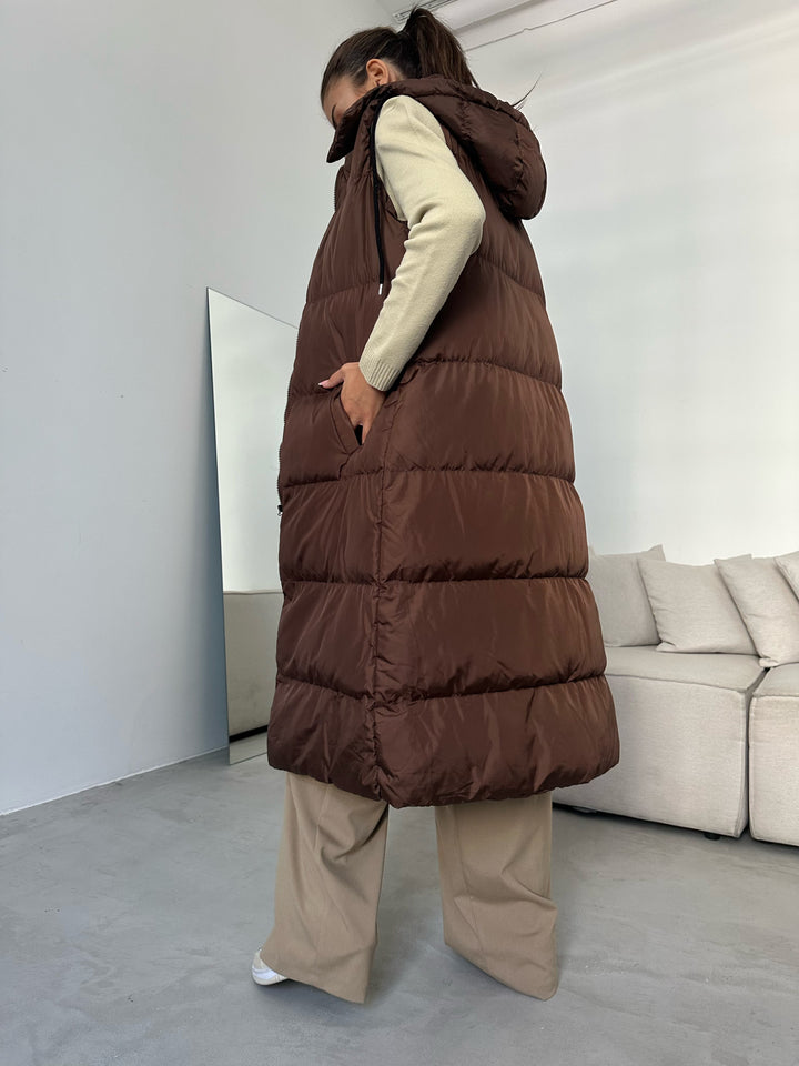 Hooded Puffer Brown Maxi Vest