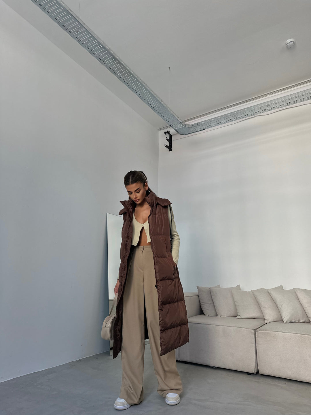 Hooded Puffer Brown Maxi Vest