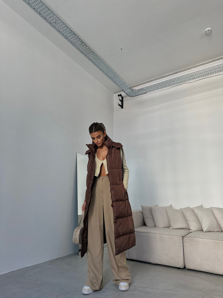 Hooded Puffer Brown Maxi Vest