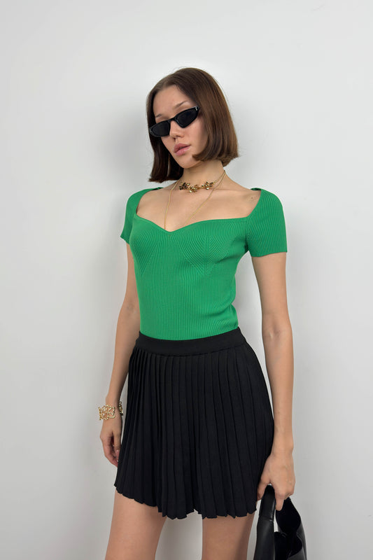 Square Neck Green Knit Blouse 