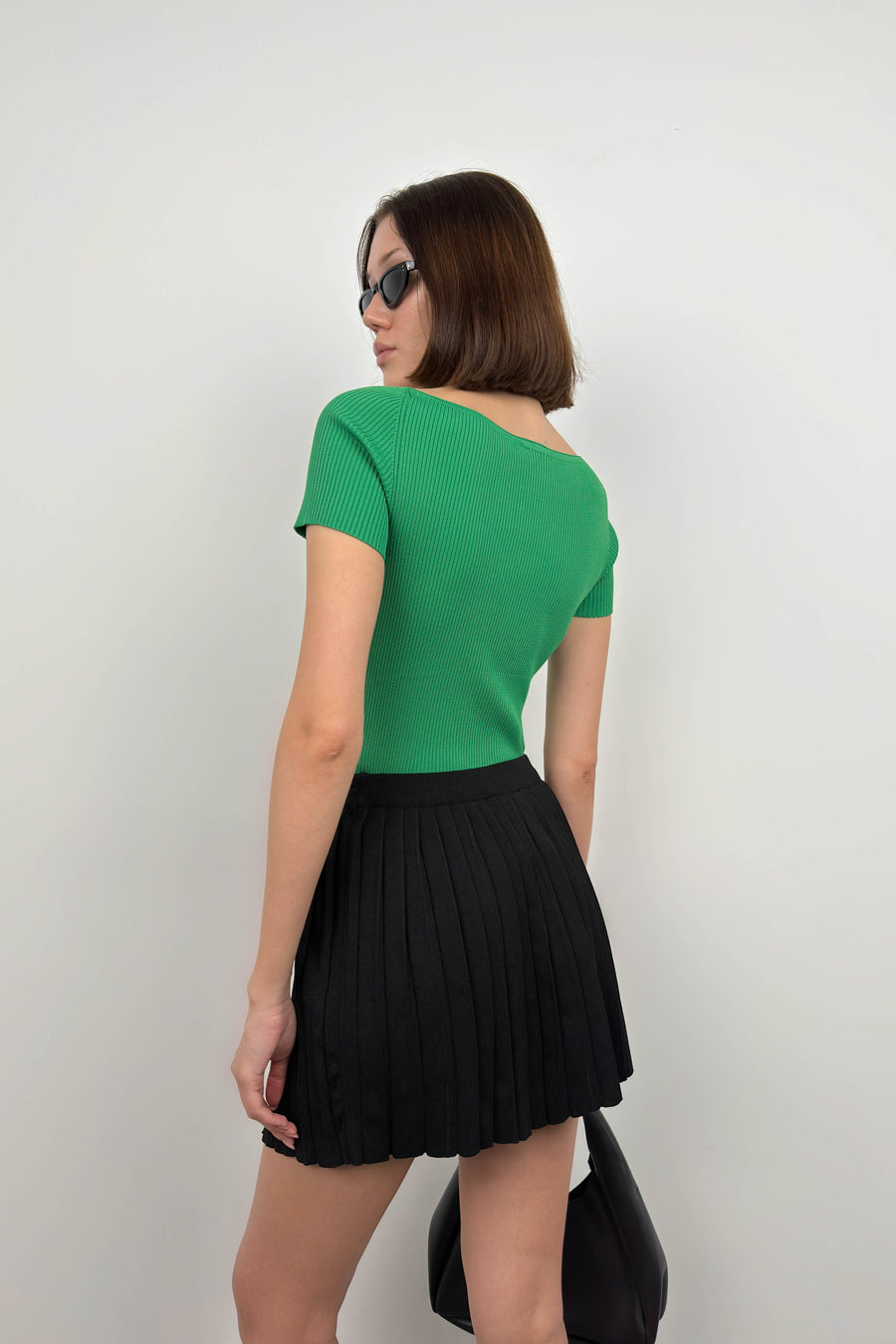 Square Neck Green Knit Blouse 