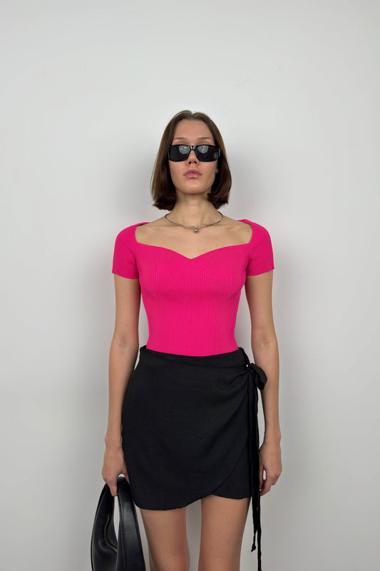 Square Neck Fuchsia Knit Blouse 