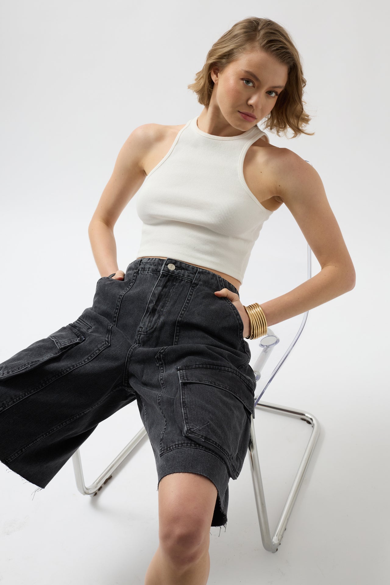 Cargo Pocket Bermuda Gray Denim Shorts 