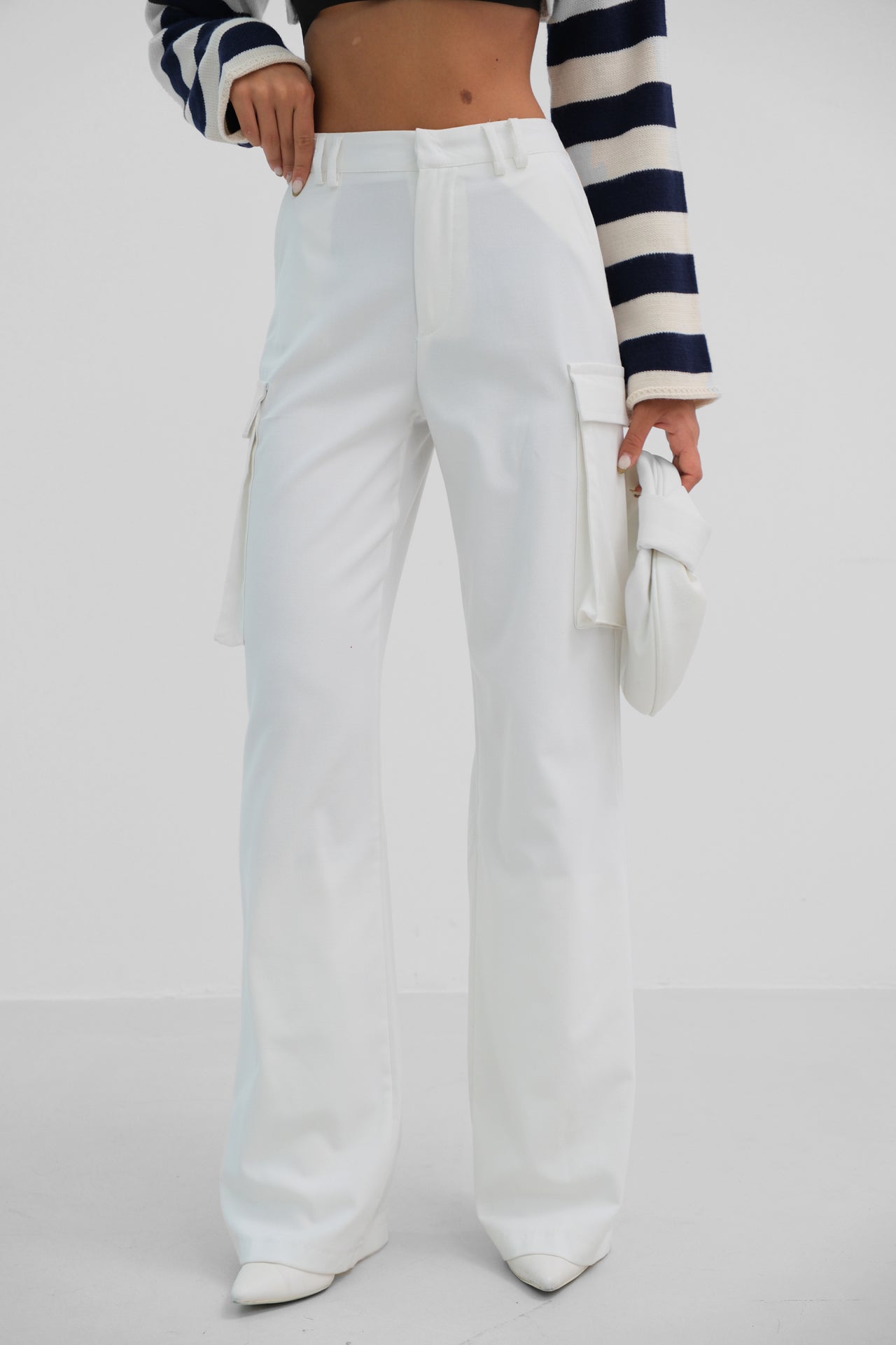 White High Waist Cargo Pocket Trousers 