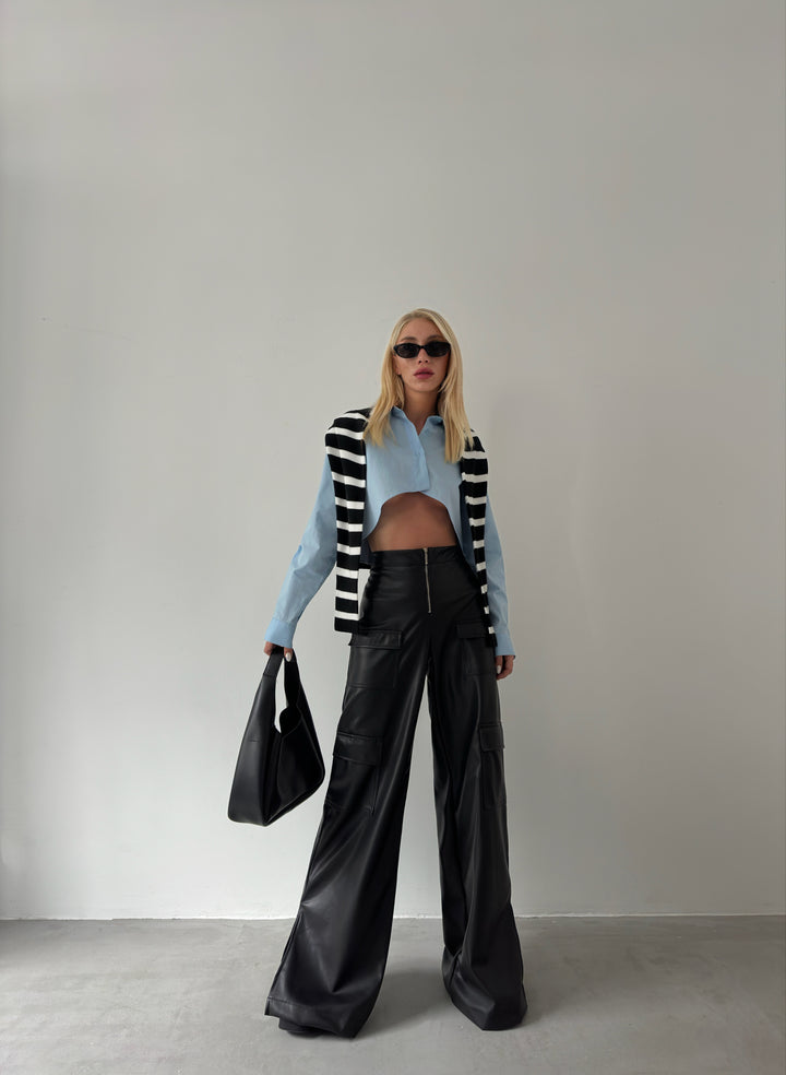 Kargo Cep Bol Paça Siyah Deri Pantolon