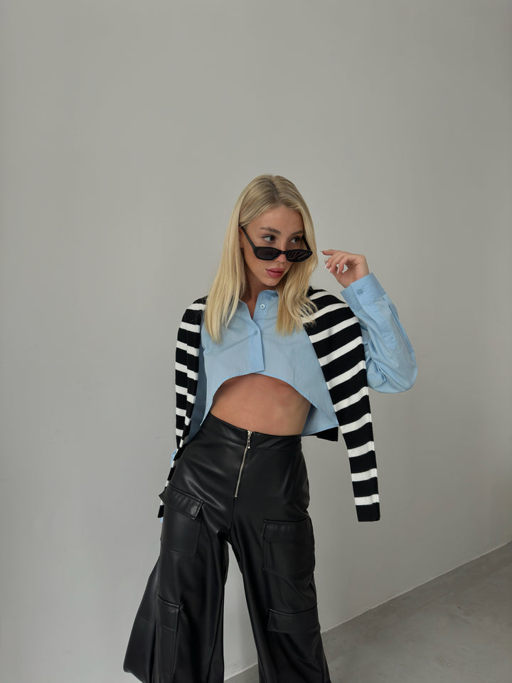 Kargo Cep Bol Paça Siyah Deri Pantolon