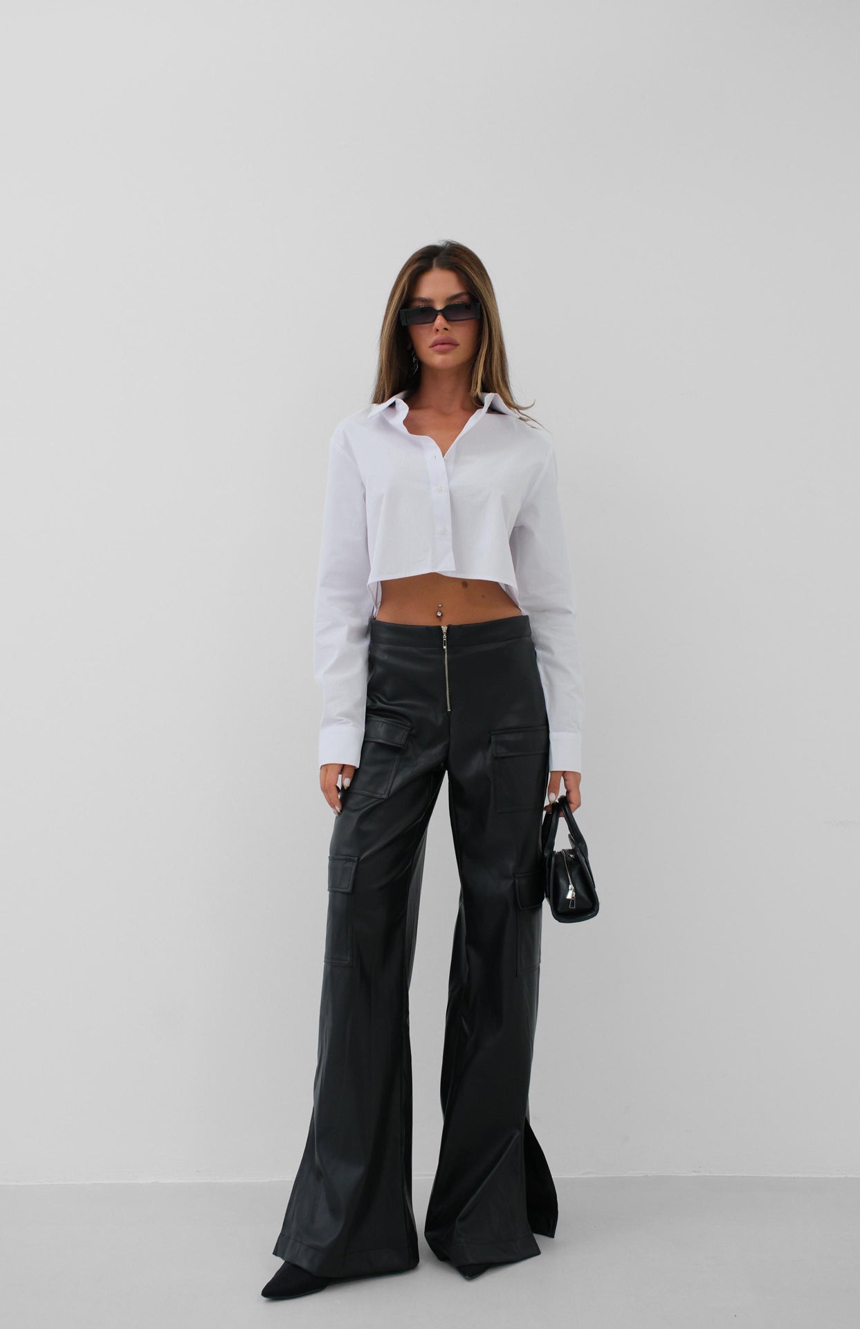 Cargo Pocket Wide Leg Black Leather Trousers 