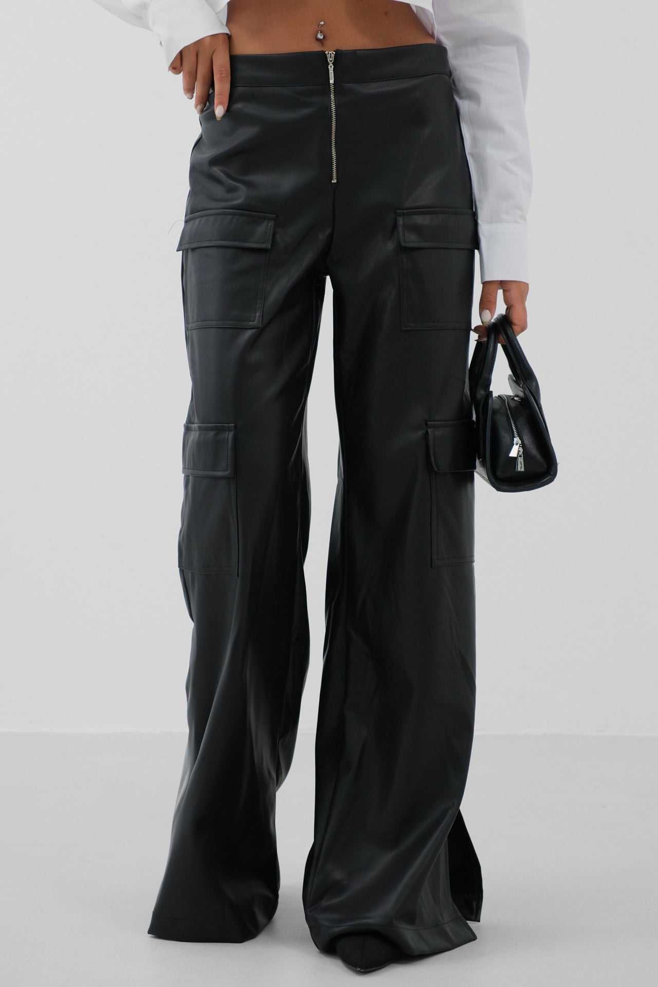 Cargo Pocket Wide Leg Black Leather Trousers 