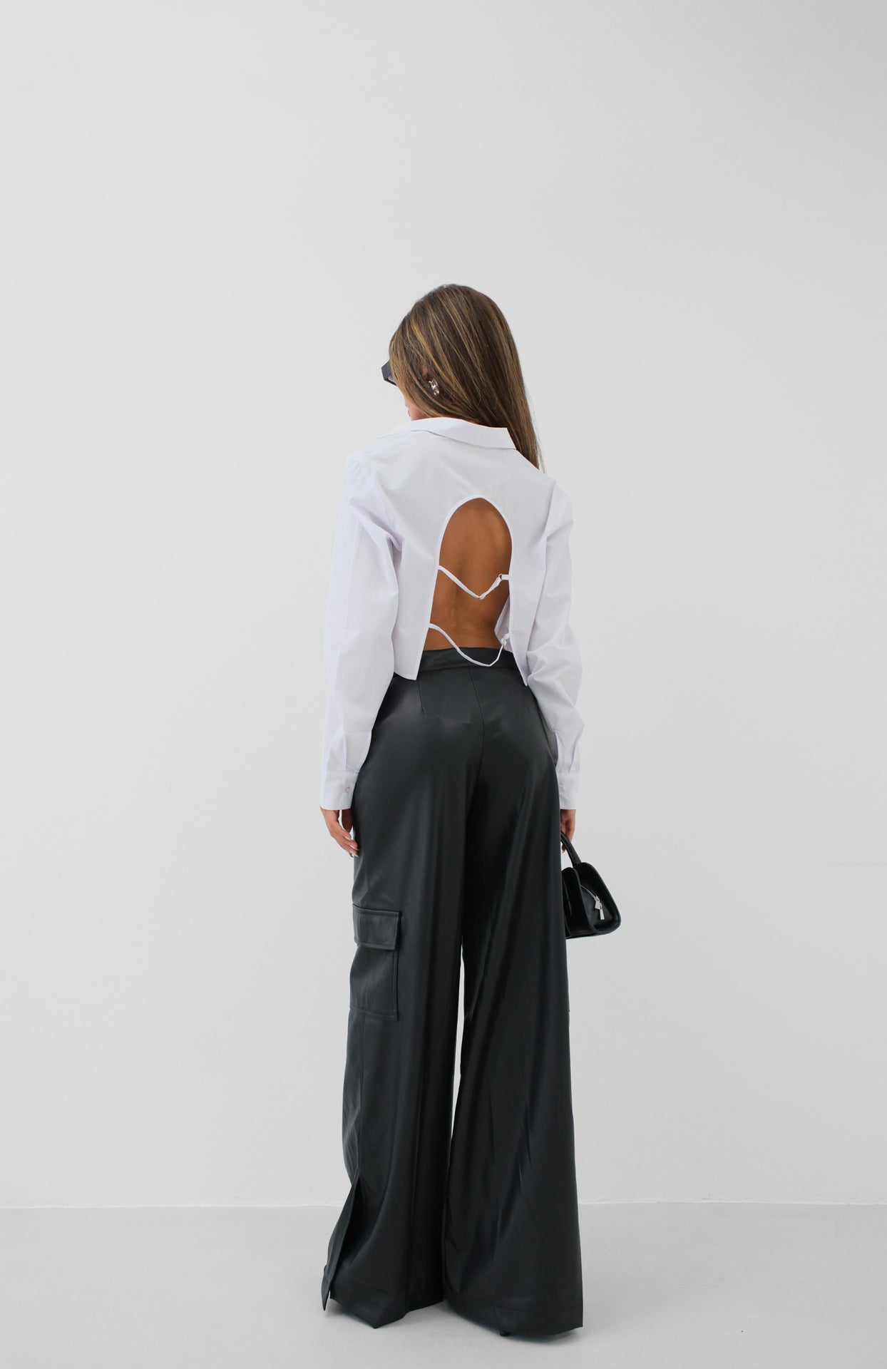 Cargo Pocket Wide Leg Black Leather Trousers 