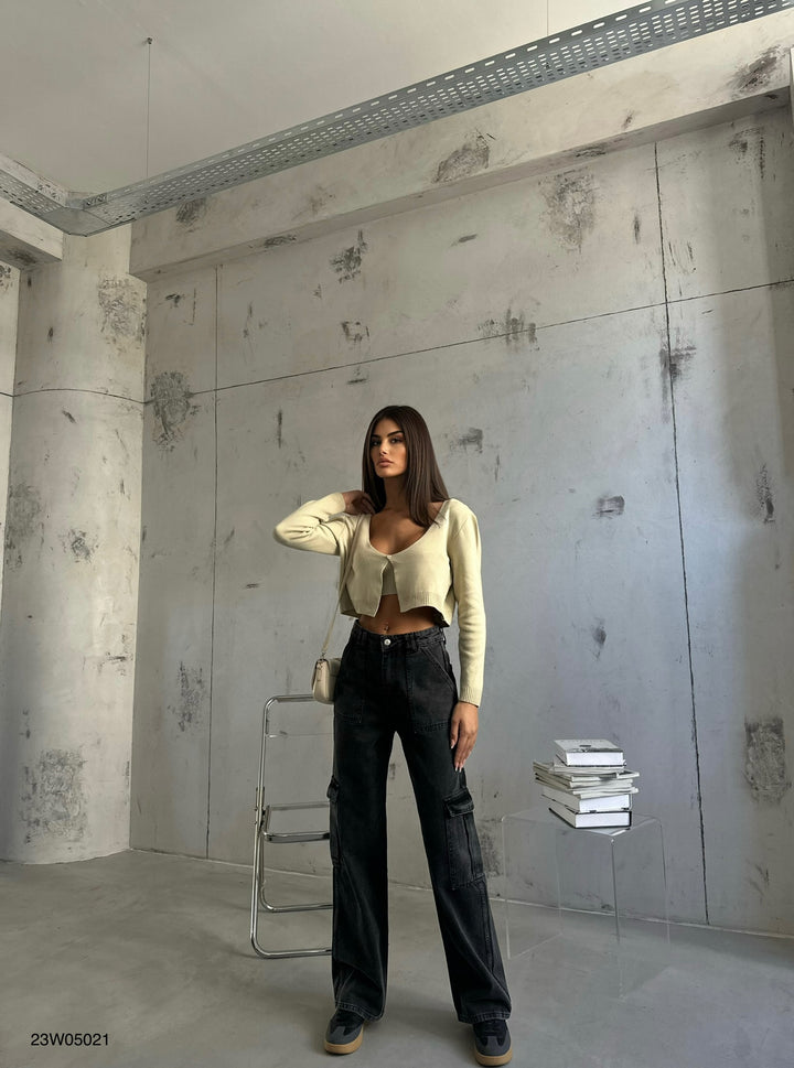 Cargo Pocket Low Waist Gray Jeans 