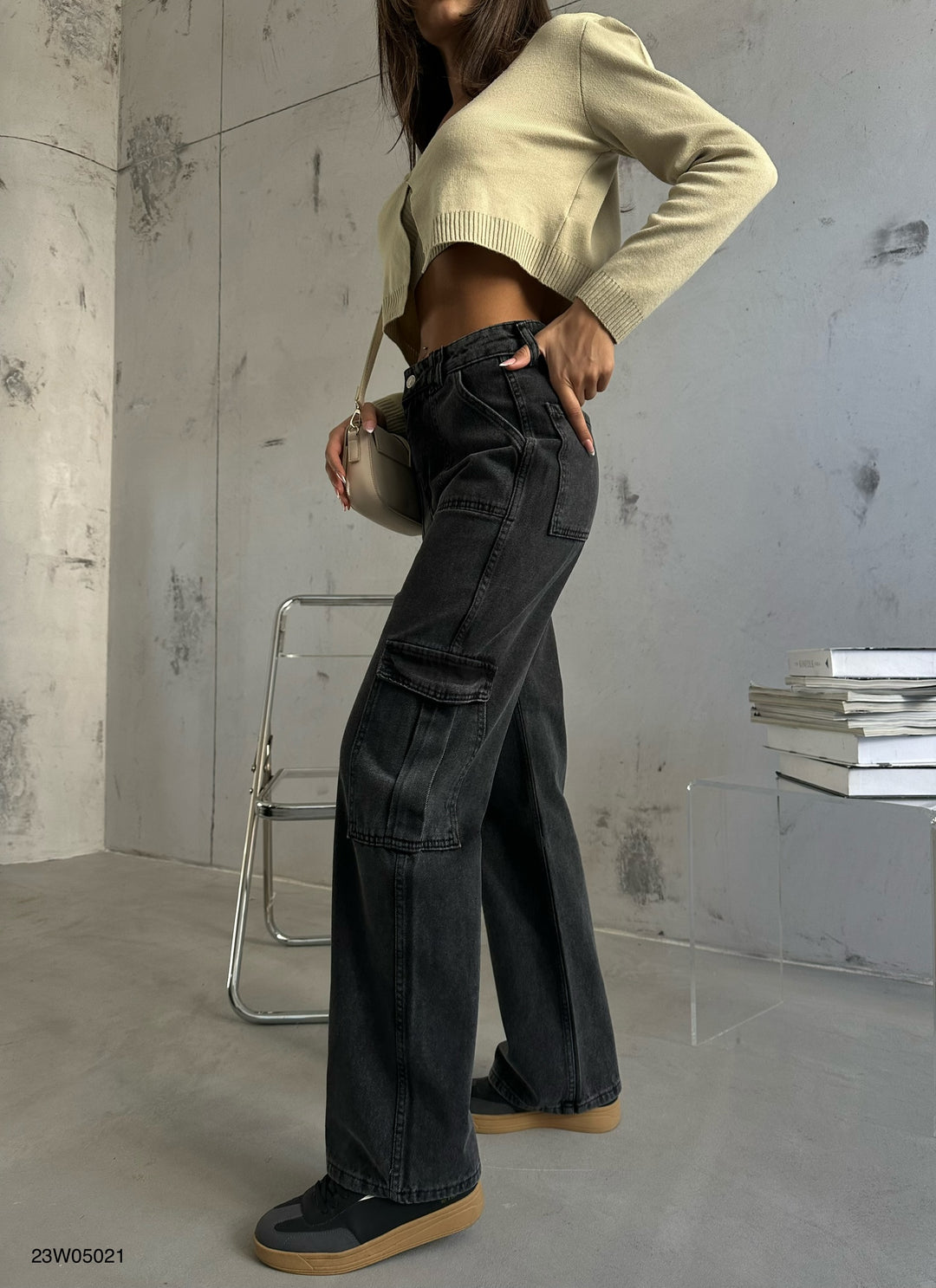 Cargo Pocket Low Waist Gray Jeans 