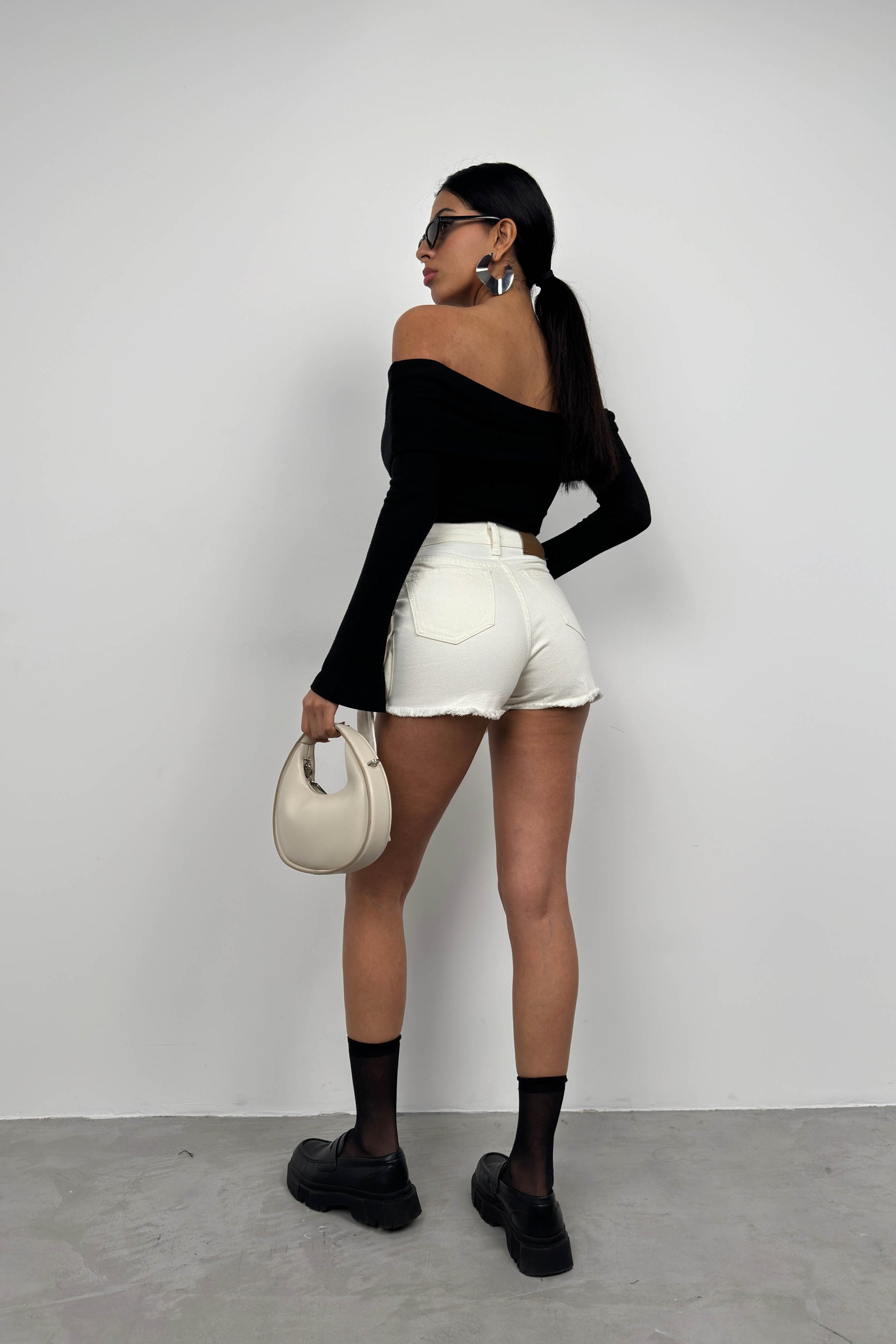 Cargo Pocket Belt Detail White Denim Shorts Skirt 