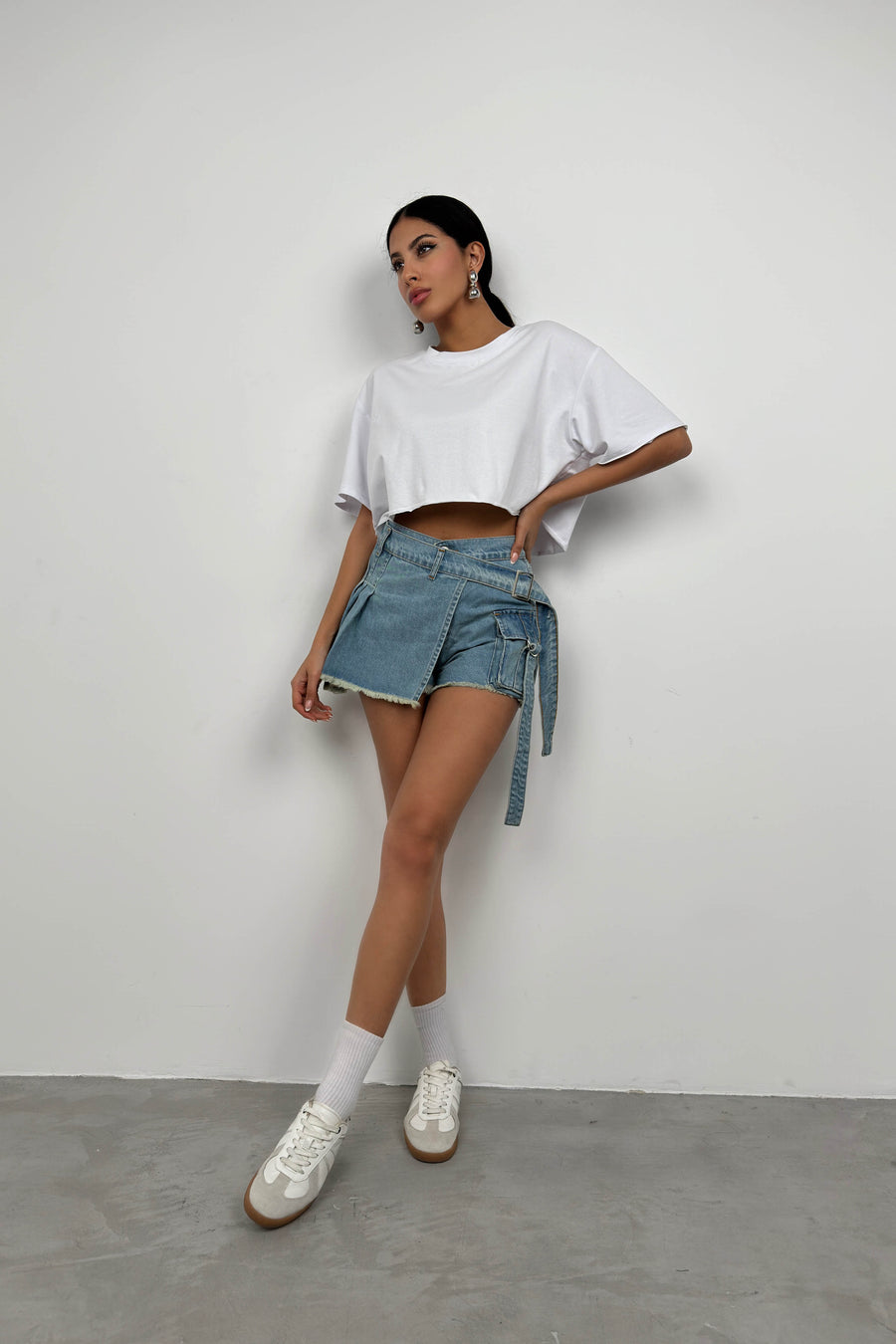 Cargo Pocket Belt Detail Blue Denim Shorts Skirt 