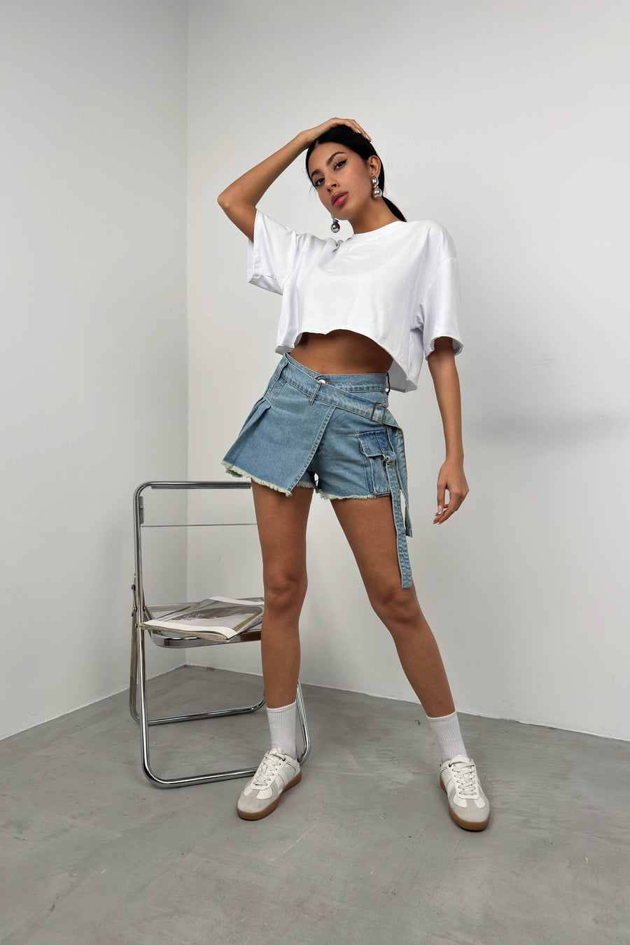 Cargo Pocket Belt Detail Blue Denim Shorts Skirt 