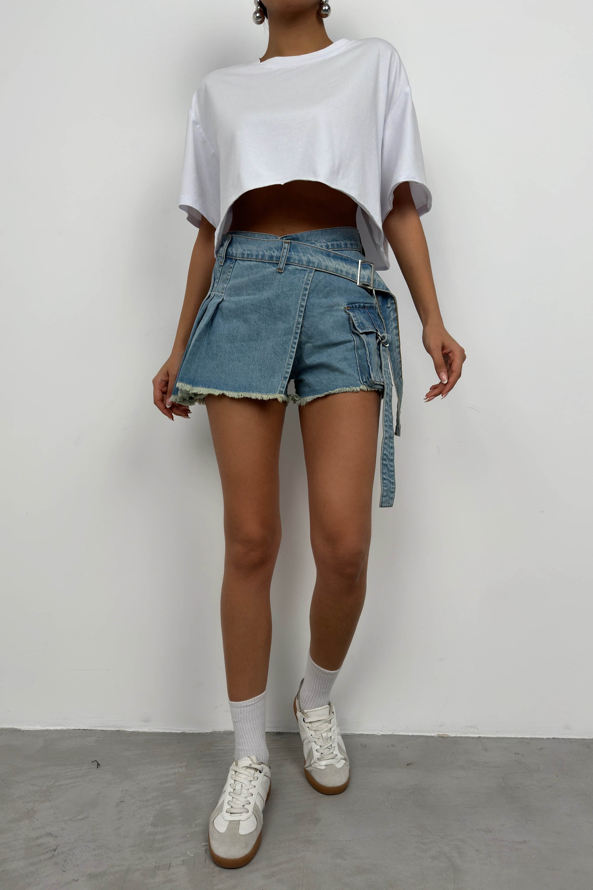 Cargo Pocket Belt Detail Blue Denim Shorts Skirt 