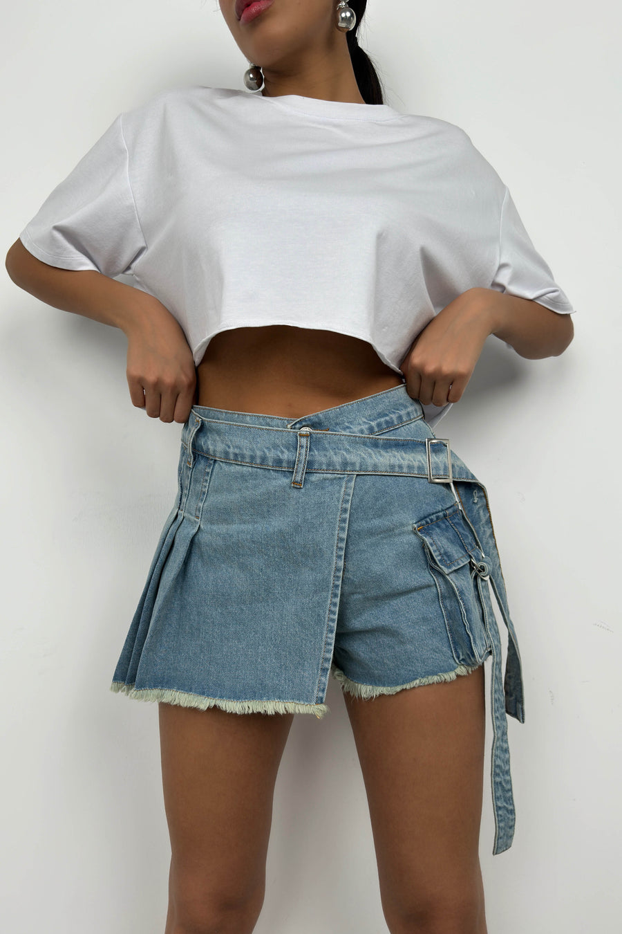 Cargo Pocket Belt Detail Blue Denim Shorts Skirt 