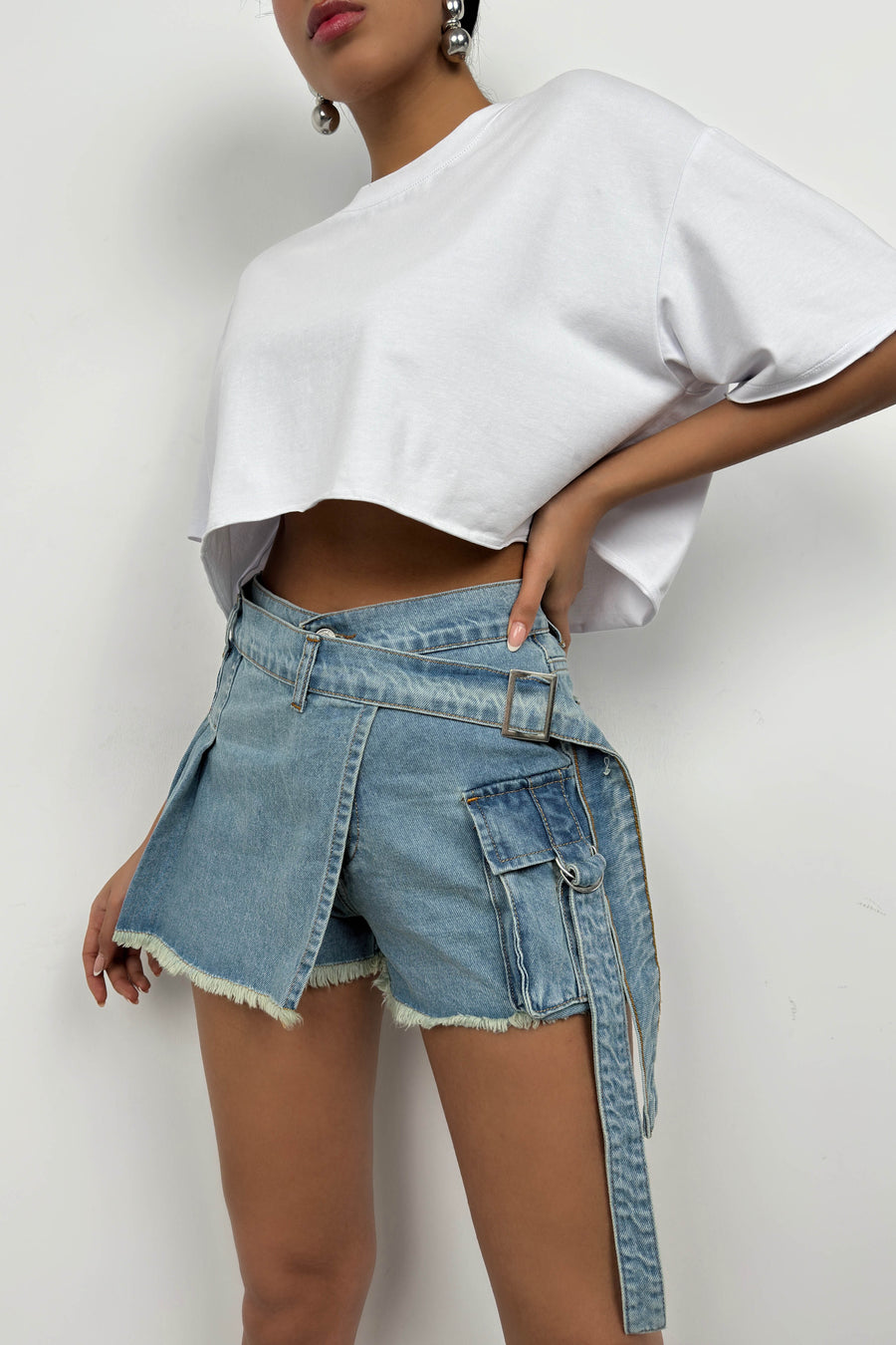 Cargo Pocket Belt Detail Blue Denim Shorts Skirt 