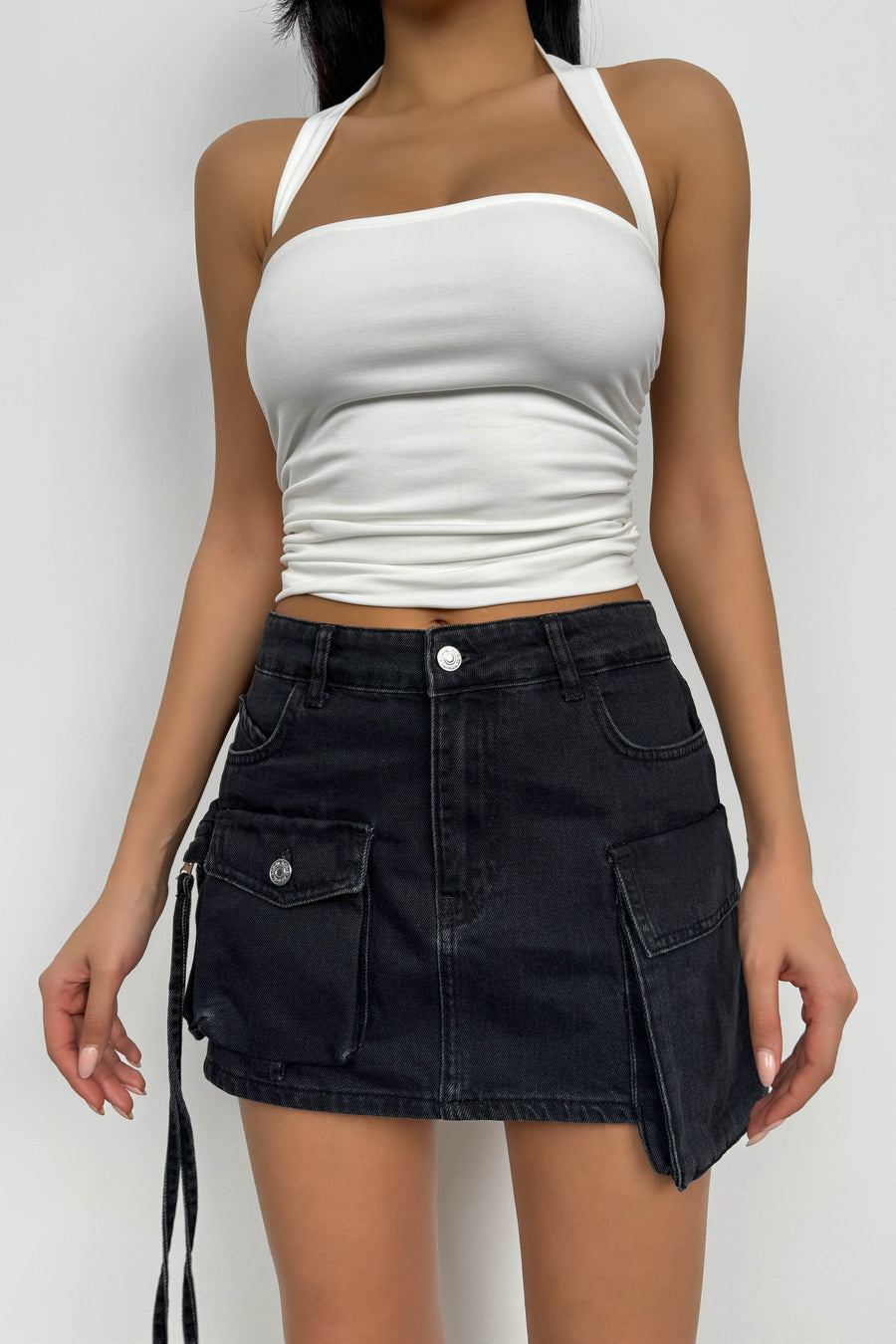 Cargo Pocket Mini Grey Denim Skirt 