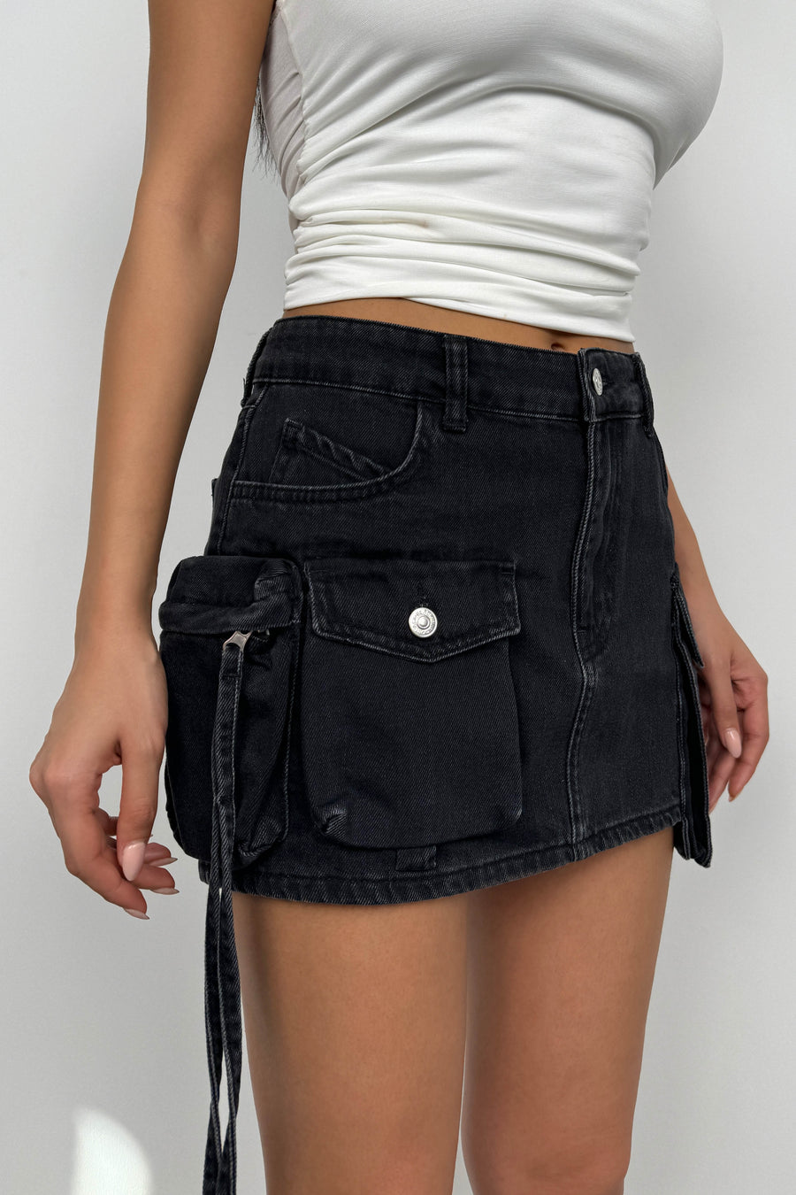 Cargo Pocket Mini Grey Denim Skirt 